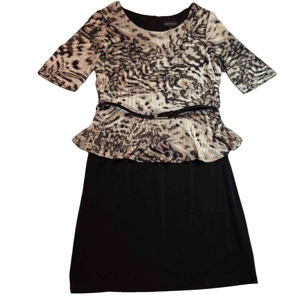 Connected Apparel Dress Womens 16 Black Beige Peplum Belted Sheath Career